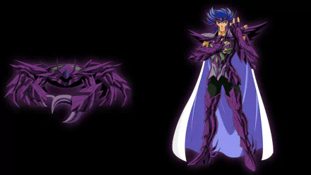 HD PC wallpaper featuring Cancer Deathmask in Surplice armor from the anime Saint Seiya, set against a dark background with a stylized crab design.