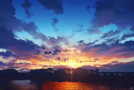 HD anime-style sunset wallpaper with vibrant colors and detailed clouds, creating a serene and picturesque background.