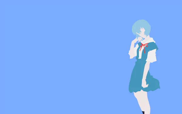 Minimalist 4K Ultra HD PC desktop wallpaper featuring Rei Ayanami from the anime Neon Genesis Evangelion against a solid blue background.