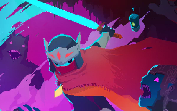 HD desktop wallpaper from Hyper Light Drifter featuring the protagonist in combat with vibrant, stylized graphics.