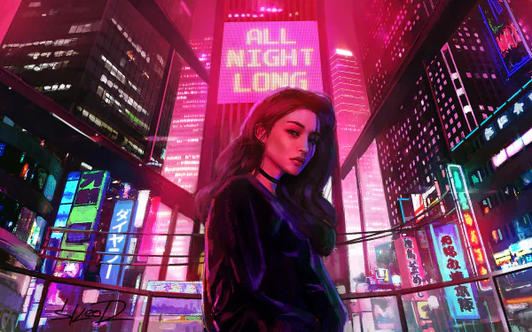 HD desktop wallpaper featuring a chillwave, vaporwave, neon aesthetic with retro wave influences. It depicts a cityscape bathed in vibrant neon lights with a figure in the foreground and ALL NIGHT LONG text.