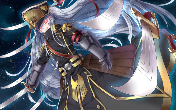 HD desktop wallpaper featuring Altair from the anime Gunpuku no Himegimi, Re:Creators, showcasing her in elaborate armor against a cosmic background.