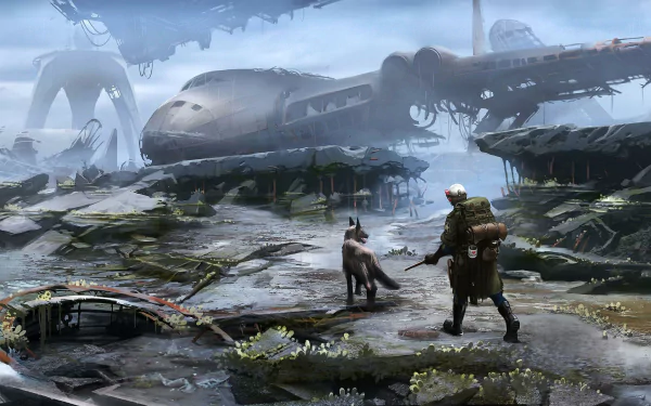 HD wallpaper of a post-apocalyptic scene from the video game Fallout 4, featuring a warrior and a dog standing near a crashed airplane.