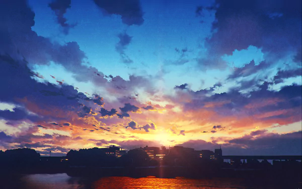 HD anime-style sunset wallpaper with vibrant colors and detailed clouds, creating a serene and picturesque background.