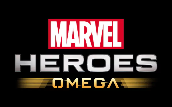 HD desktop wallpaper featuring the Marvel Heroes Omega logo with iconic red and white lettering on a black background.