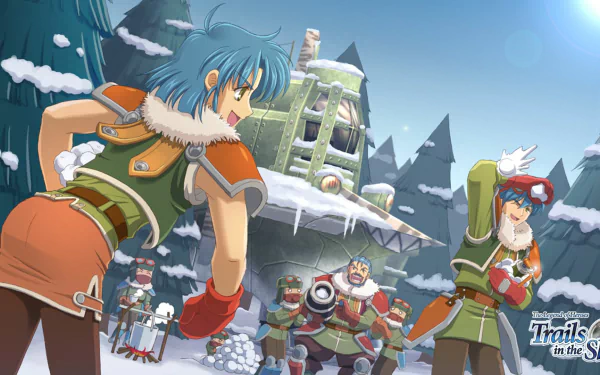 HD desktop wallpaper featuring characters from The Legend of Heroes: Trails in the Sky the 3rd set in a snowy landscape.