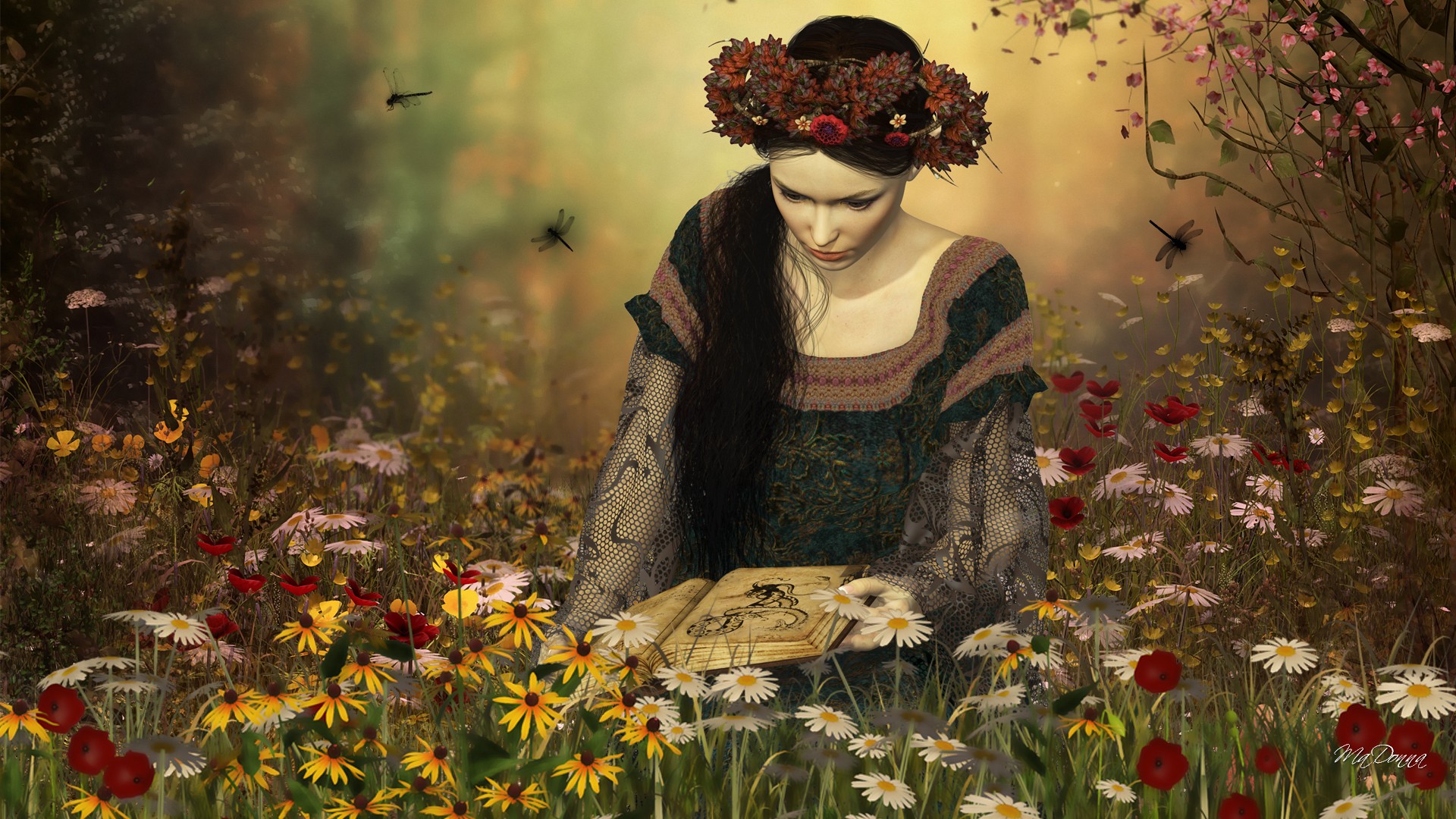 Girl Reading in Flower Field by MaDonna