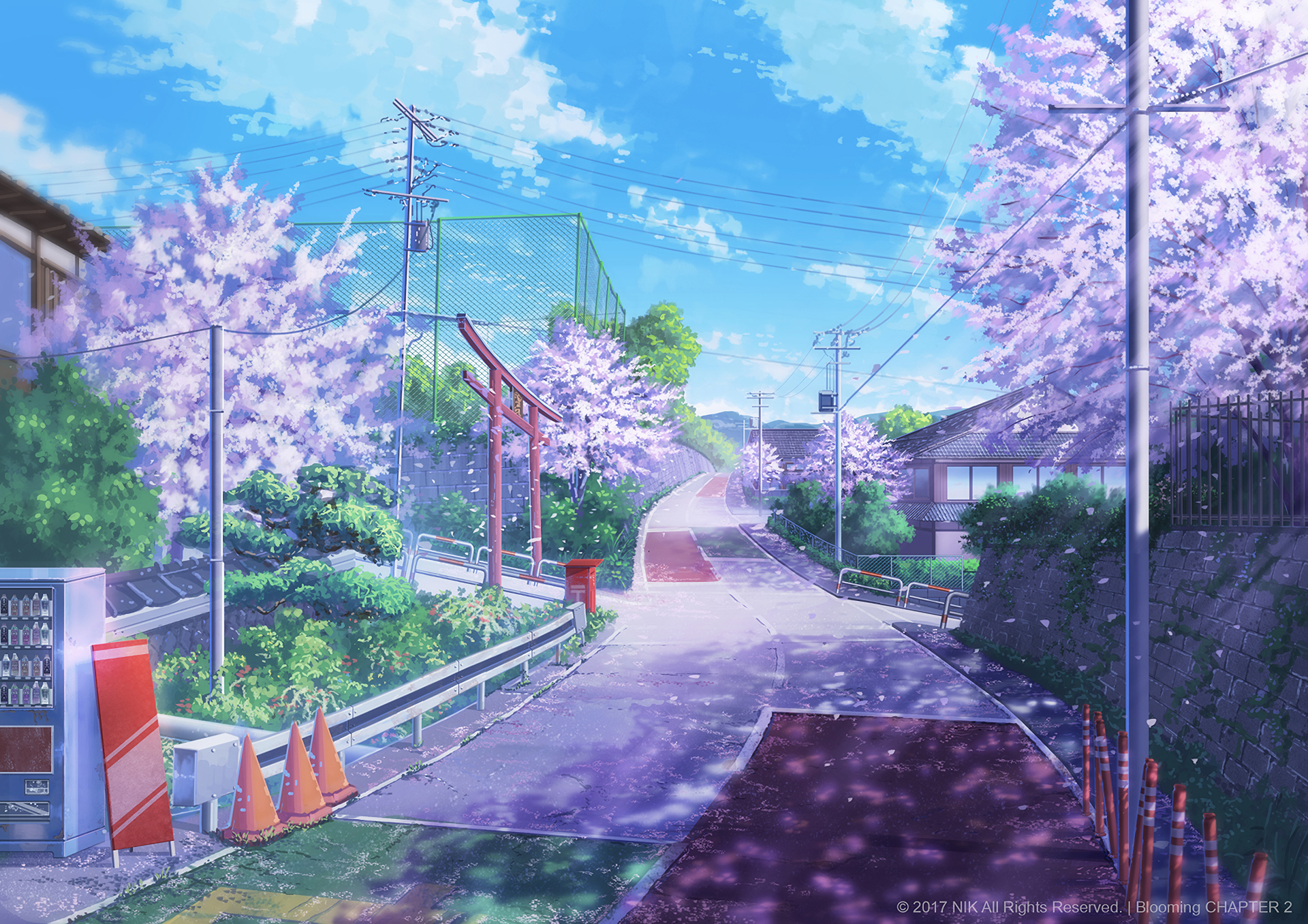 HD wallpaper of an original anime scene depicting a serene suburban street lined with blooming cherry blossom trees, a vending machine, and a Torii gate under a clear blue sky.