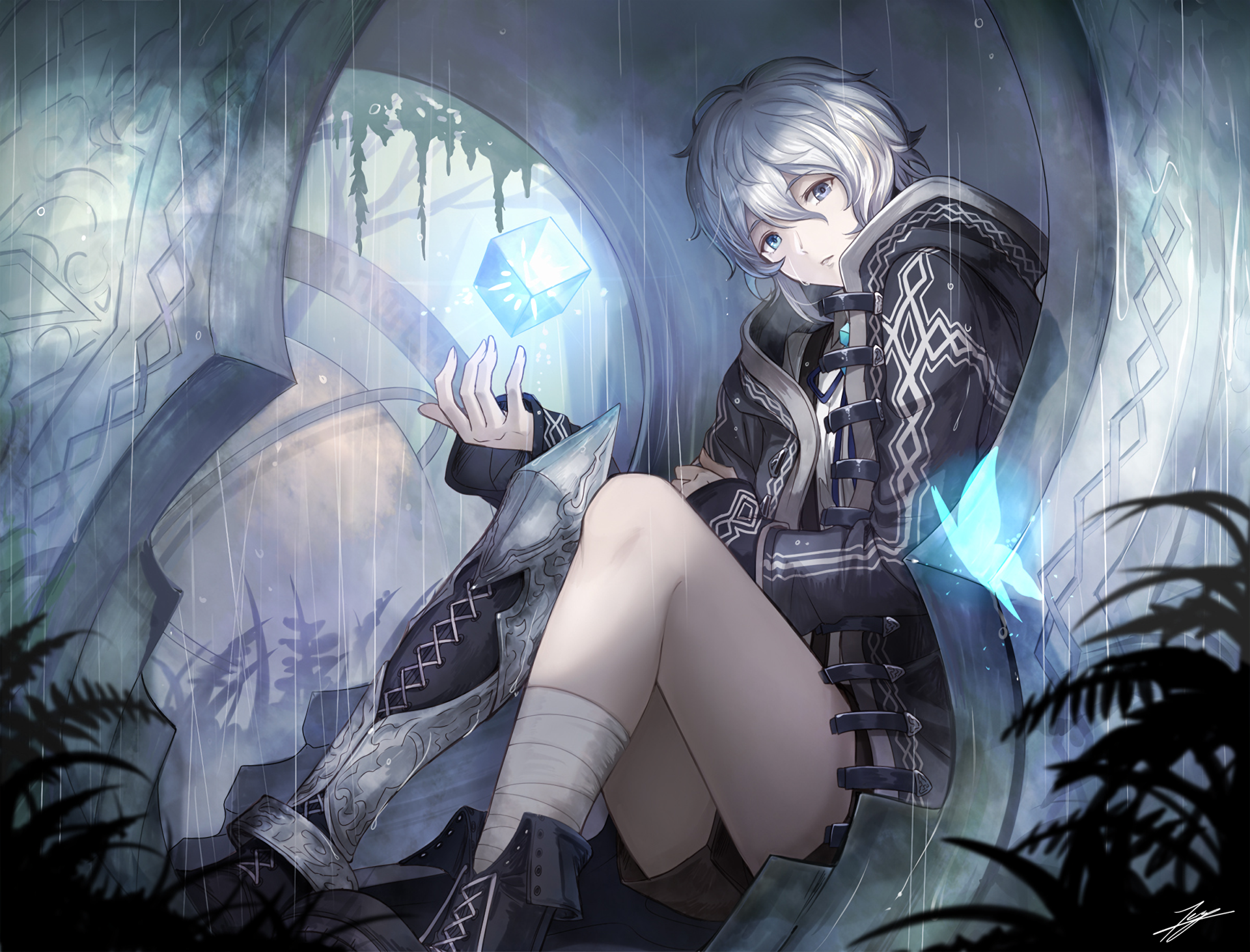 HD anime wallpaper featuring a silver-haired anime boy in dark, detailed attire, surrounded by glowing blue crystals in a mysterious, ancient setting.