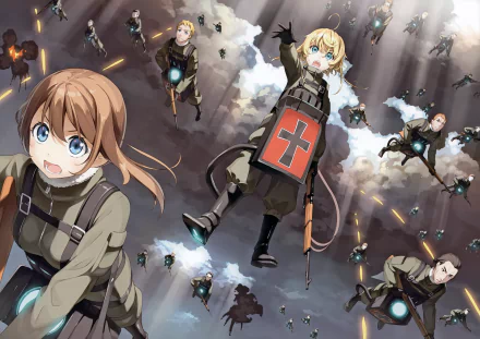 HD desktop wallpaper featuring Viktoriya Ivanovna Serebryakov and Tanya Degurechaff from the anime Youjo Senki, as they lead a dynamic airborne scene with soldiers in combat.