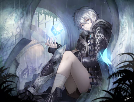 HD anime wallpaper featuring a silver-haired anime boy in dark, detailed attire, surrounded by glowing blue crystals in a mysterious, ancient setting.