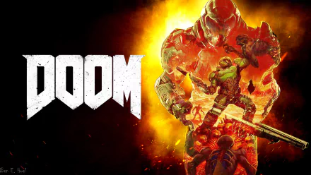 HD desktop wallpaper featuring Doomguy from the video game Doom (2016), with intense action scene and vibrant fiery background. The iconic DOOM logo is prominently displayed on the left.