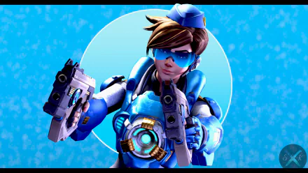 4K Ultra HD desktop wallpaper of Tracer from Overwatch in a blue suit and goggles, aiming dual pulse pistols in front of a circular light-blue backdrop.