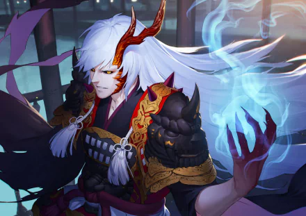 A striking HD anime wallpaper featuring an Onmyoji character with flowing white hair, red accents, and a mystical aura, set against a dynamic background.