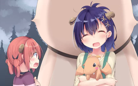 HD PC desktop wallpaper featuring anime characters Vignette Tsukinose April and Satanichia Kurumizawa McDowell from Gabriel DropOut in a playful outdoor scene.