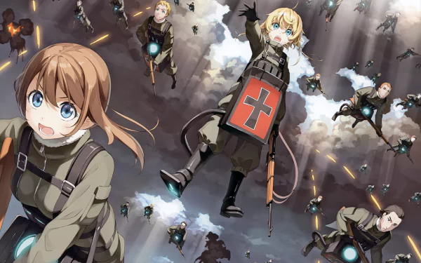 HD desktop wallpaper featuring Viktoriya Ivanovna Serebryakov and Tanya Degurechaff from the anime Youjo Senki, as they lead a dynamic airborne scene with soldiers in combat.