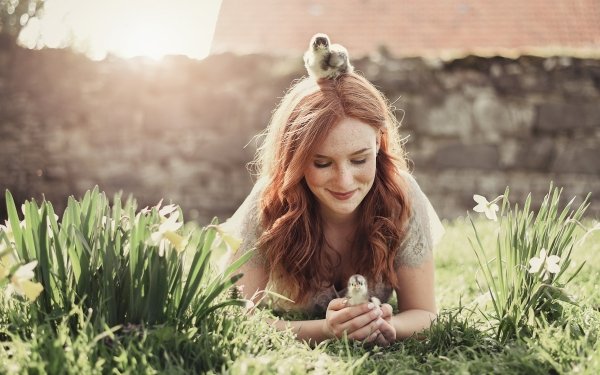 Women Mood Model Redhead Smile Freckles Sunny Lying Down Grass Baby Animal Chick HD Wallpaper | Background Image