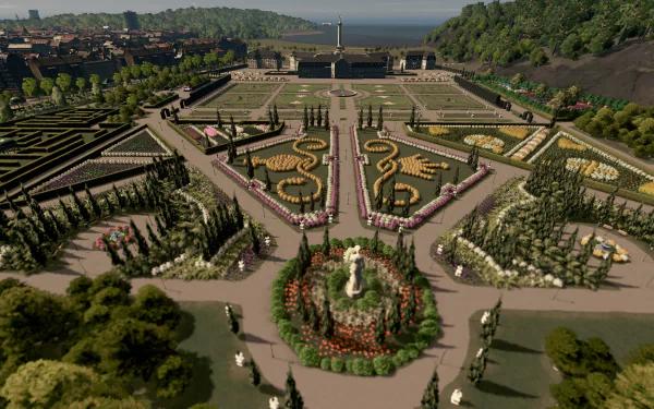 HD PC desktop wallpaper of a Cities: Skylines video game park, aerial view of formal garden parterres, fountains, statues and tree-lined avenues with coastal hills in the distance.