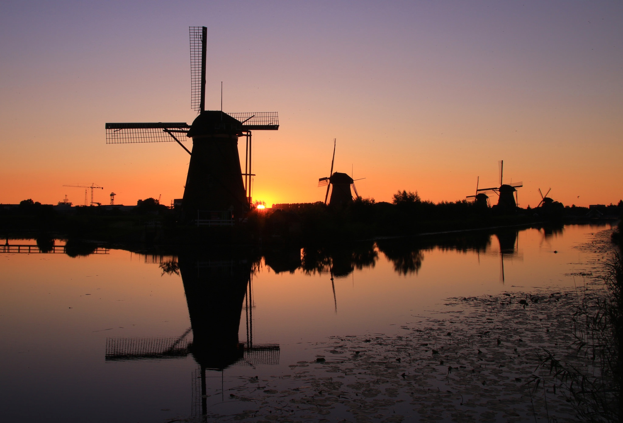 Download Silhouette Sunset River Building Man Made Windmill HD Wallpaper