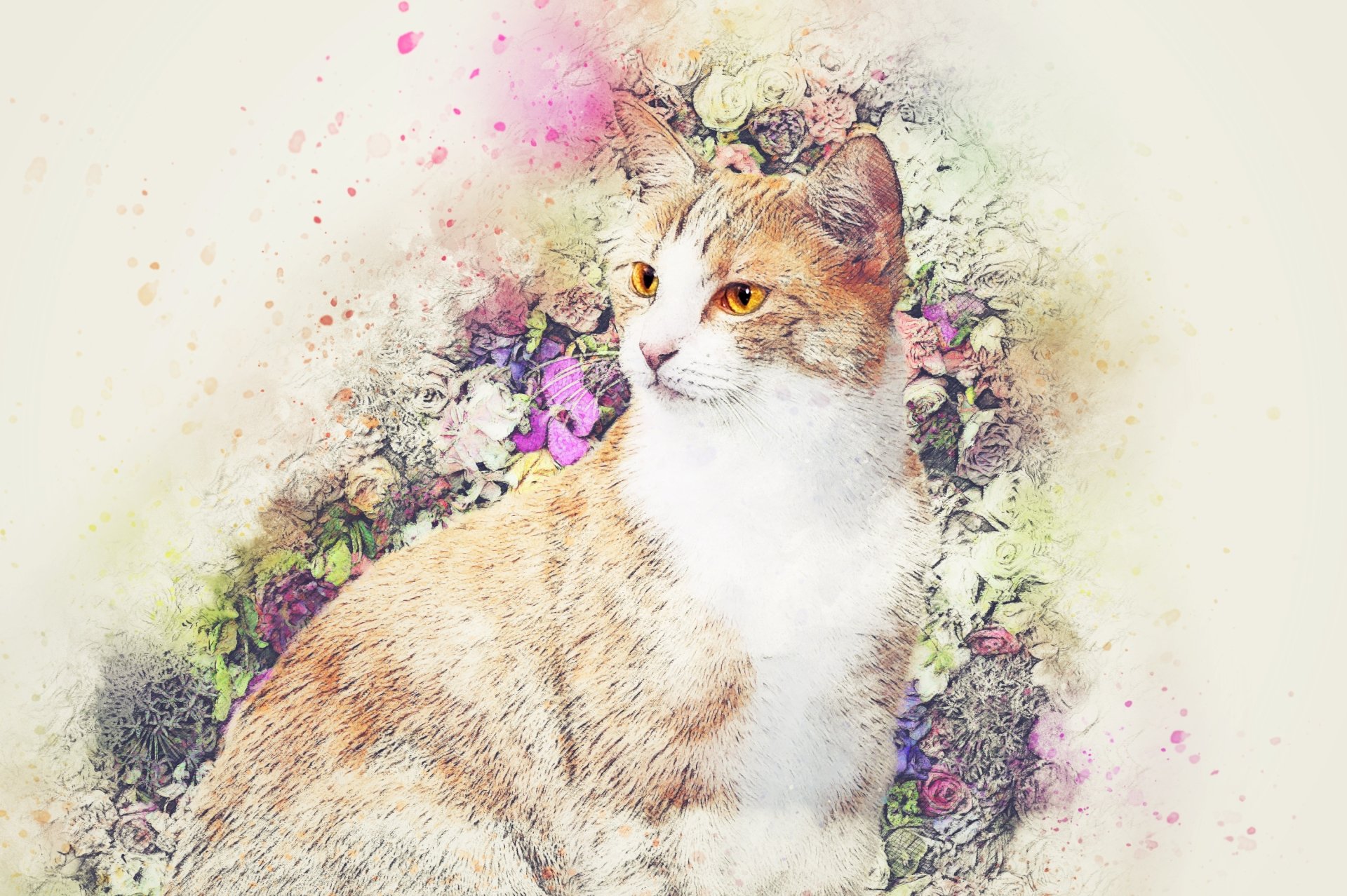 A watercolor HD desktop wallpaper featuring a cat amidst a colorful, floral background.