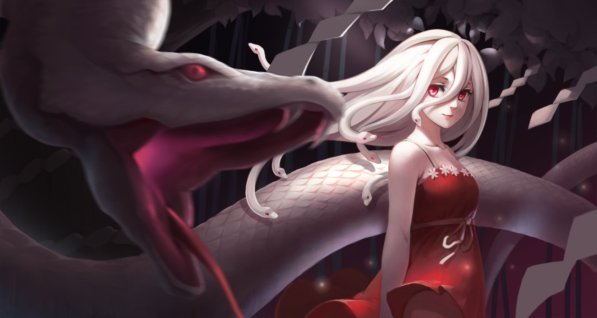 HD desktop wallpaper featuring Nadeko Sengoku from the Monogatari (Series). The image depicts Nadeko in a red dress, standing alongside a serpent in a dark, mystical forest setting.