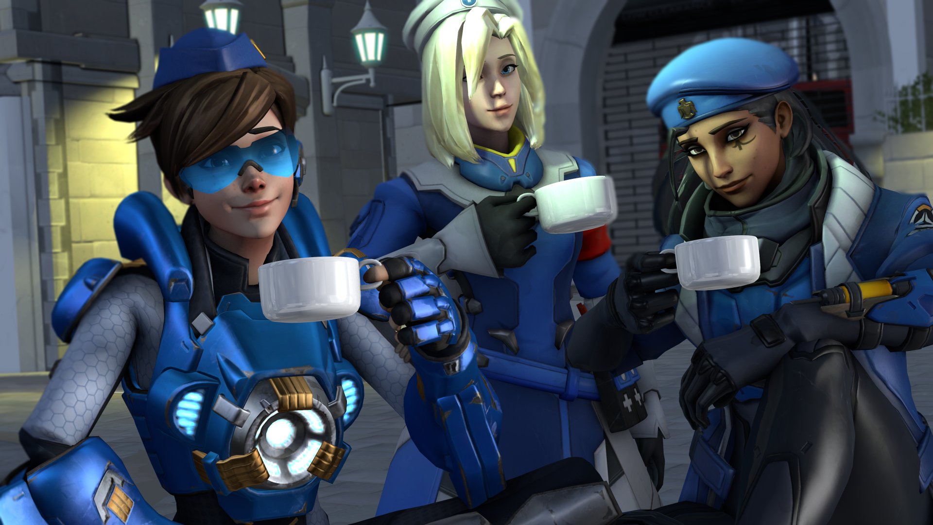 4K Ultra HD Overwatch wallpaper featuring Tracer, Mercy, and Ana in blue uniforms enjoying coffee together in a nighttime setting.