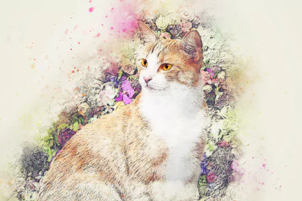 A watercolor HD desktop wallpaper featuring a cat amidst a colorful, floral background.