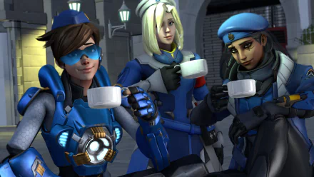 4K Ultra HD Overwatch wallpaper featuring Tracer, Mercy, and Ana in blue uniforms enjoying coffee together in a nighttime setting.