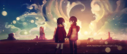 A serene scene from the anime Erased, featuring Satoru Fujinuma and Kayo Hinazuki holding hands against a vibrant, swirling background.