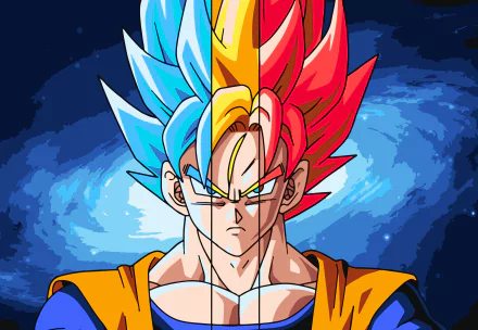 HD desktop wallpaper featuring Super Saiyan Goku from Dragon Ball Super, showcasing his split transformation with half blue and half red hair against a cosmic background.