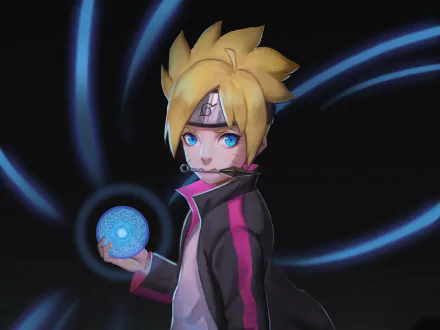 HD PC desktop wallpaper featuring Boruto Uzumaki from the anime Boruto, holding a glowing blue Rasengan with dynamic dark energy swirls in the background.