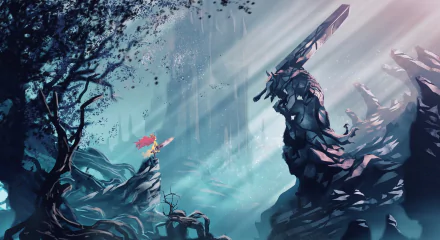HD desktop wallpaper featuring an anime crossover of Berserk and Child of Light. The scene shows a character with a red cape and sword in a mystical, light-filled landscape.