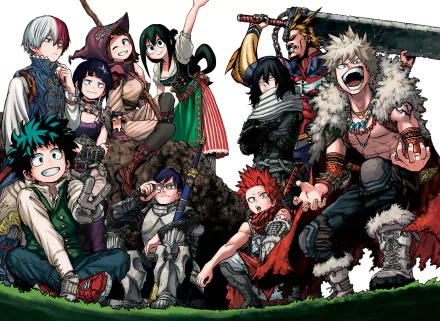 HD desktop wallpaper featuring Eijiro Kirishima, Tsuyu Asui, Shoto Todoroki, All Might, Shouta Aizawa, Tenya Iida, Ochaco Uraraka, and Izuku Midoriya from the anime My Hero Academia.