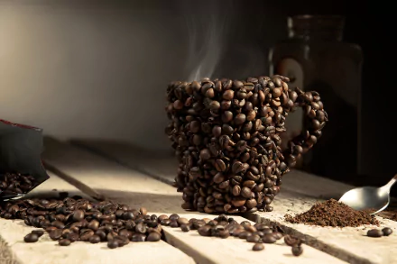 HD desktop wallpaper featuring a still life arrangement with a cup covered in coffee beans. Coffee beans are scattered around the cup on a wooden surface, alongside a spoon with ground coffee.