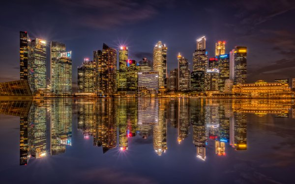 Man Made Singapore Cities Night Light Reflection Skyscraper Building City HD Wallpaper | Background Image
