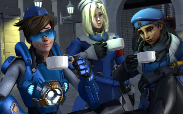 4K Ultra HD Overwatch wallpaper featuring Tracer, Mercy, and Ana in blue uniforms enjoying coffee together in a nighttime setting.