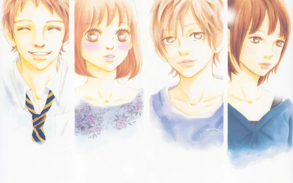 Watercolor 5K Ultra HD anime wallpaper of Yuri Yamamoto, Nanami Takahashi, Motoharu Yano and Masafumi Takeuchi from We Were There — four soft portraits on a white background.