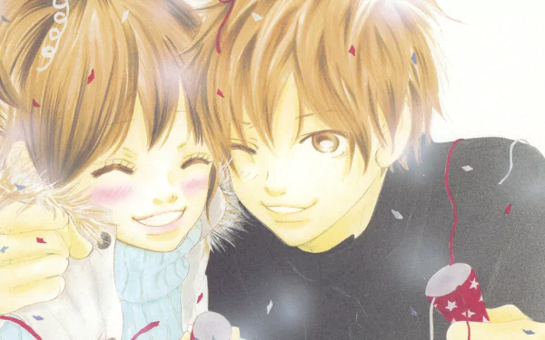 HD desktop wallpaper featuring Nanami Takahashi and Motoharu Yano from the anime We Were There. The characters are smiling and surrounded by festive confetti.
