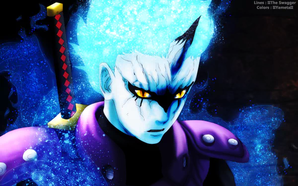 HD anime wallpaper featuring Mitsuki from Boruto with intense glowing eyes and a dynamic blue aura, blending elements from Naruto and Boruto series.