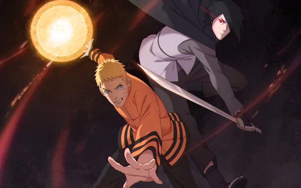 HD desktop wallpaper featuring Naruto Uzumaki and Sasuke Uchiha from Boruto, displaying their iconic Sharingan and Rinnegan eyes in a dynamic action pose. Bright energy sphere in the background.