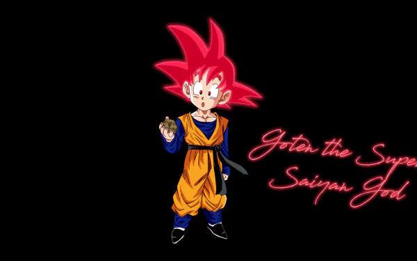 Goten, as a Super Saiyan God, stands in vibrant colors against a black background. This HD wallpaper captures the essence of Dragon Ball and Dragon Ball Super distinctly.