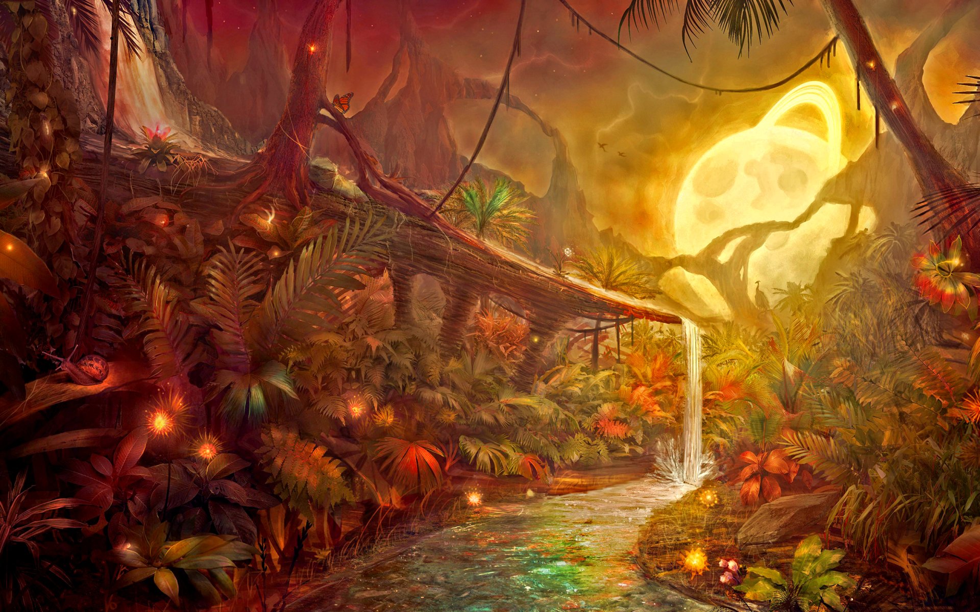 A vivid fantasy landscape featuring a glowing planet, dense forest, and a luminous waterfall cascading into a serene river, designed as an HD PC desktop wallpaper.