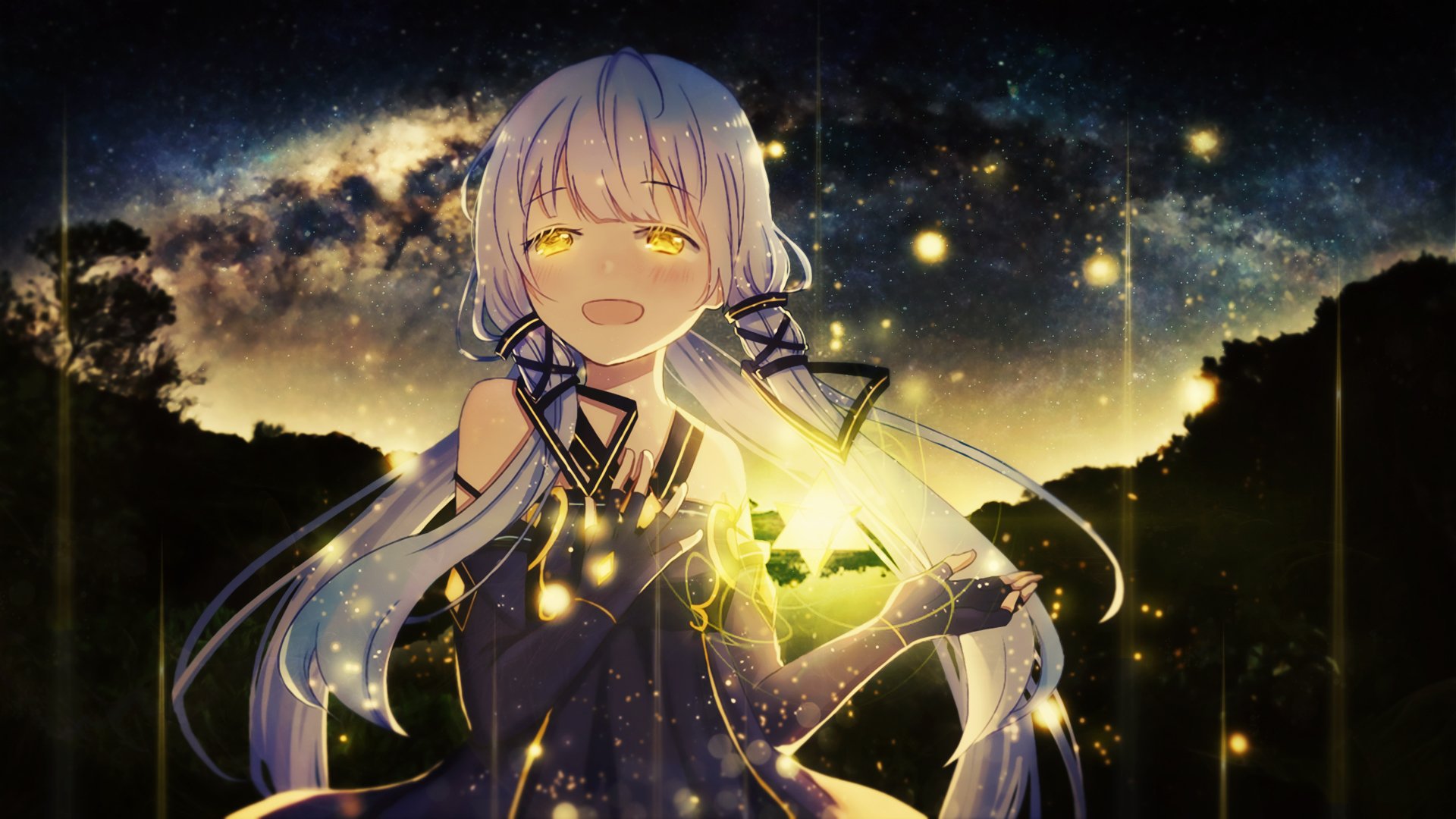 HD PC desktop wallpaper featuring Stardust from Vocaloid in an anime style, glowing softly against a starry night sky background.