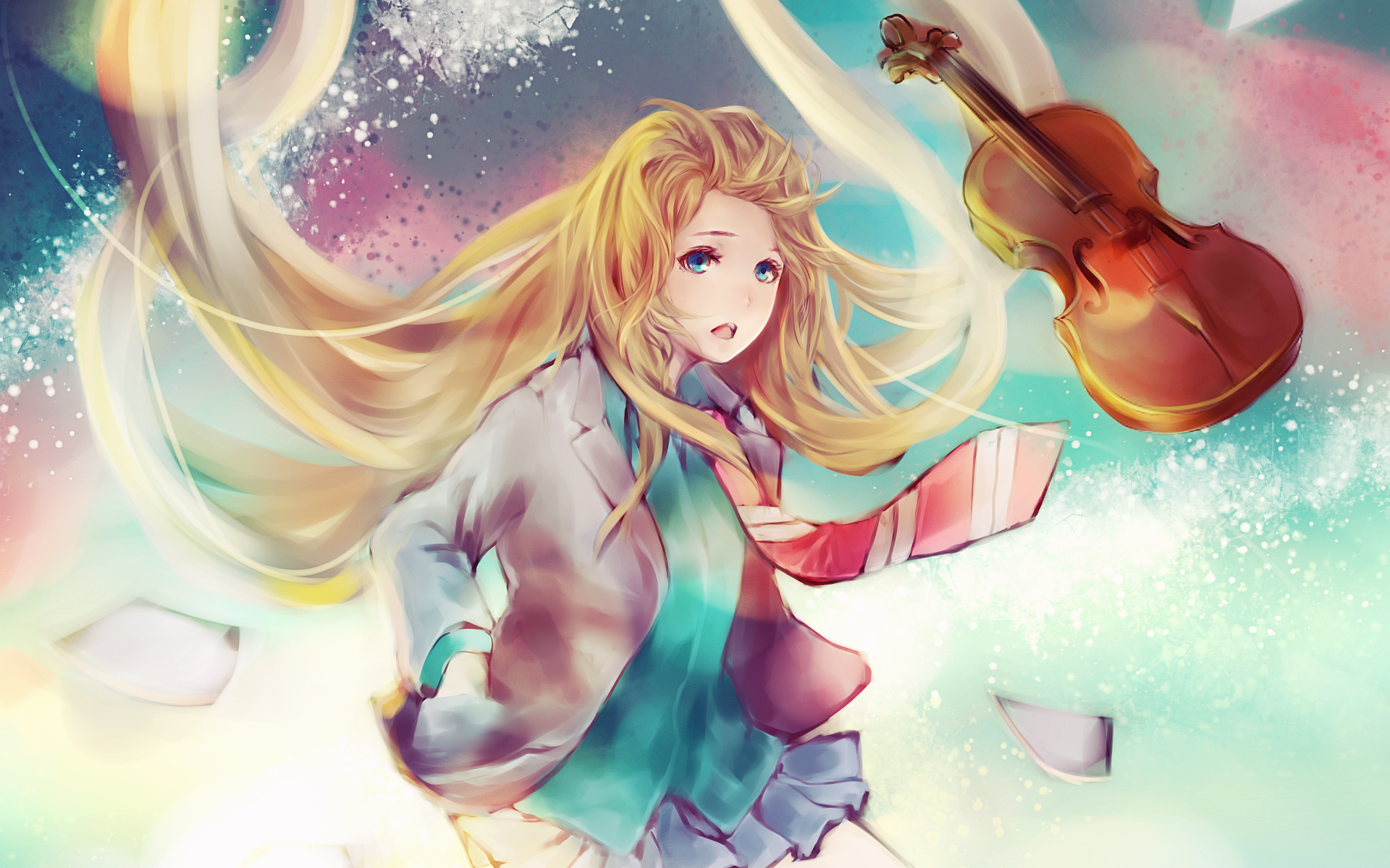 HD anime desktop wallpaper of Kaori Miyazono from Your Lie in April: blonde hair flowing in a school uniform with a floating violin against a soft, pastel dreamy background.