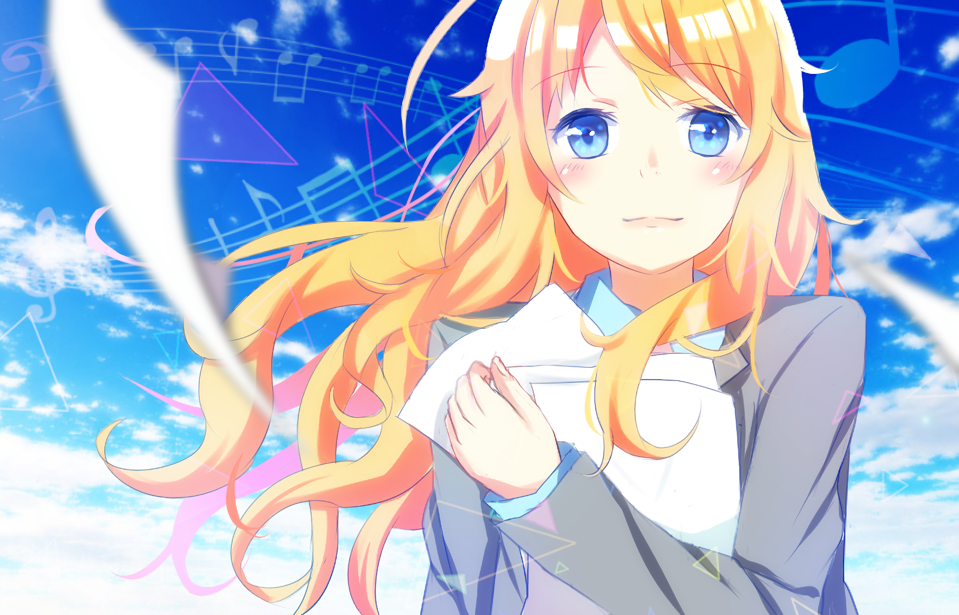 A vibrant HD desktop wallpaper featuring Kaori Miyazono from Your Lie in April, with flowing blonde hair, blue eyes, and a blush, set against a scenic sky background with musical notes.
