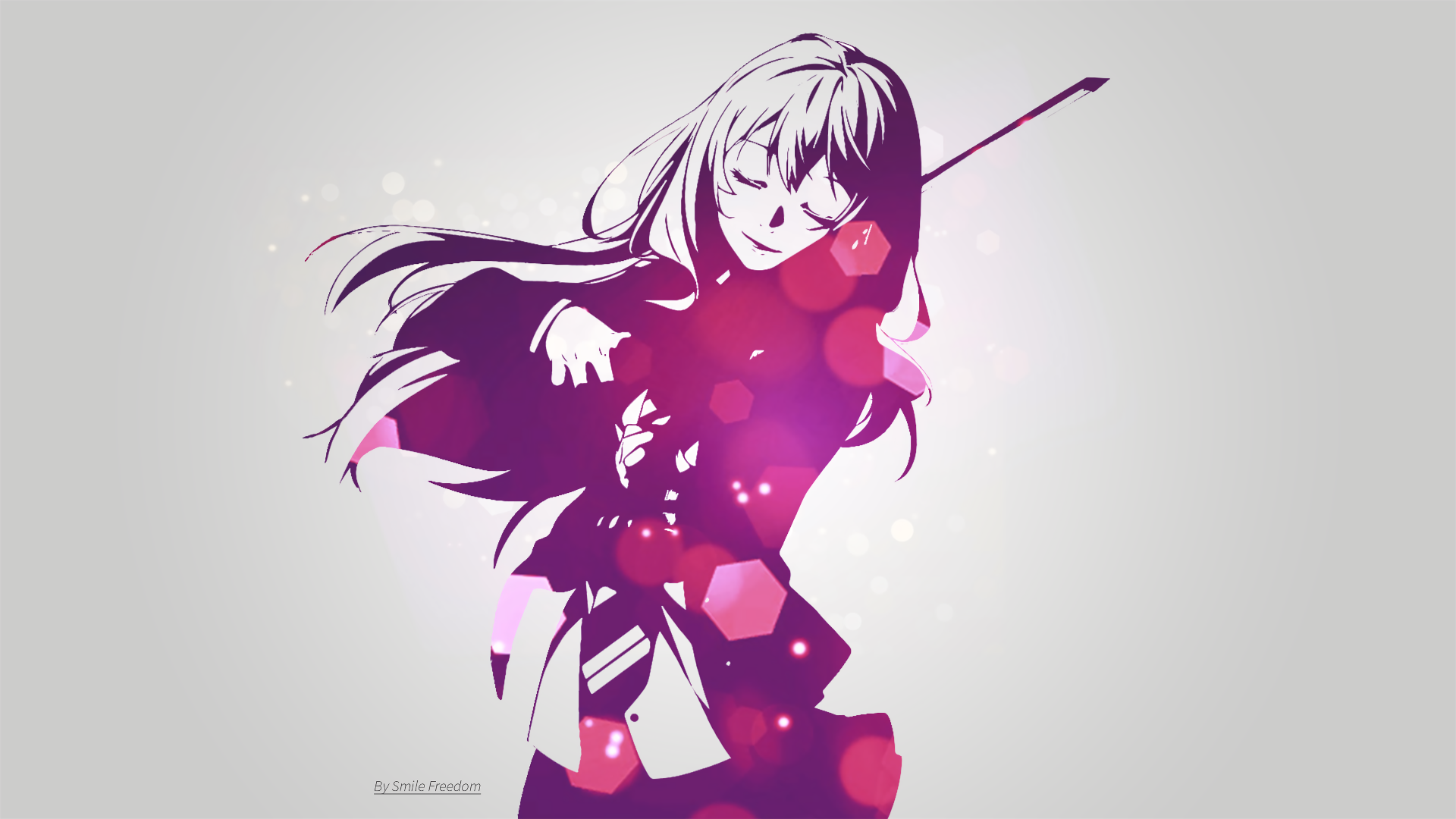 HD desktop wallpaper featuring Kaori Miyazono from the anime Your Lie in April, portrayed in a vibrant and artistic style with purple and pink hues, and a serene background.