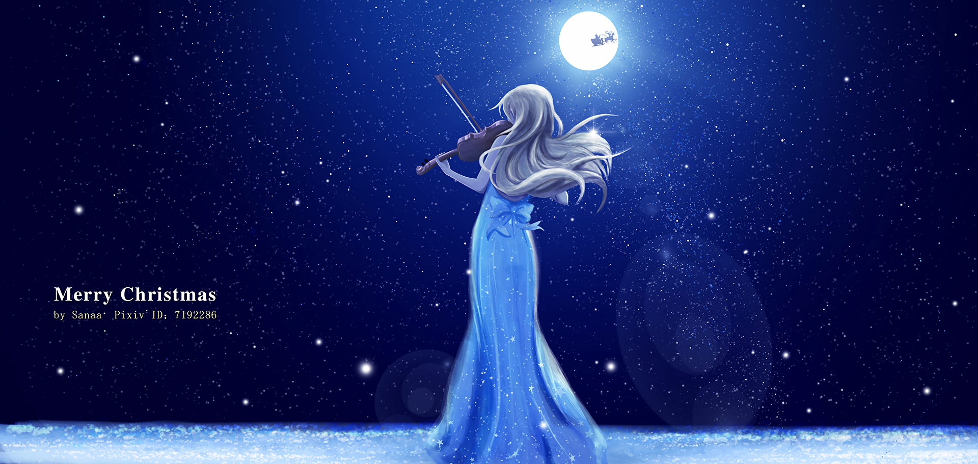 Kaori Miyazono from Your Lie in April plays the violin under a starry night sky in this HD anime desktop wallpaper. The image conveys a serene, festive ambiance with a full moon and Santa's sleigh in the background.