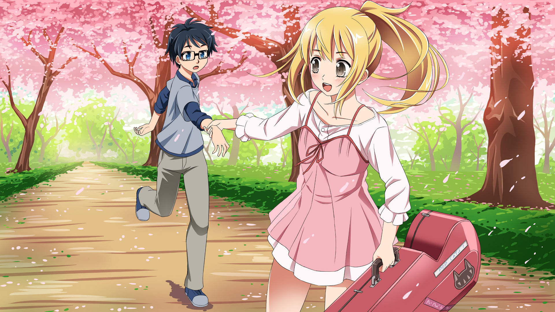 Anime characters Kousei Arima and Kaori Miyazono from Your Lie in April depicted on a vibrant HD desktop wallpaper, running together amidst cherry blossoms.