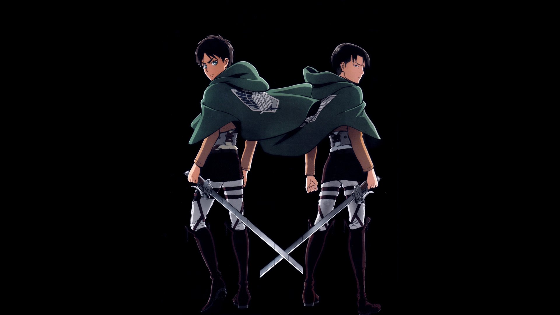 HD anime wallpaper featuring Levi Ackerman and Eren Yeager from Attack on Titan, standing back-to-back with crossed swords against a black background.