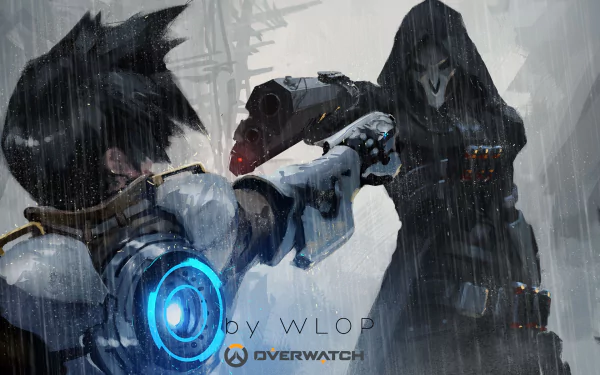 HD desktop wallpaper featuring Tracer and Reaper from the video game Overwatch, showcasing a dramatic scene in the rain by artist WLOP.